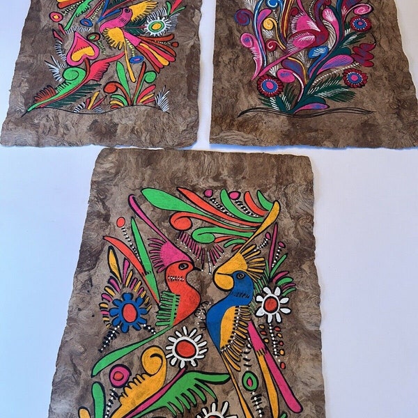 Vintage Mexican Amate Bark Paper Hand Painted Folk Art Neon Bird 1970s Set Of 3