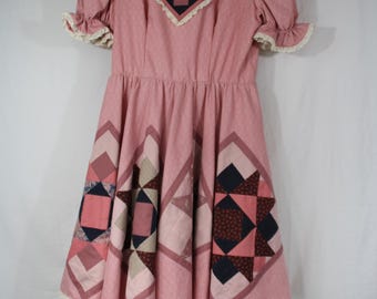 VTG Dress 70s Cotton Patchwork Puff Sleeve Cottagecore Prairie Quilt XS S Pink
