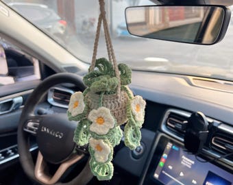 Minimalist Car Crochet Plants, Car Mirror Hanging Accessories, Crochet Monstera Plants, Houseplant Decor, Crochet Hanging Plant, Car Charms
