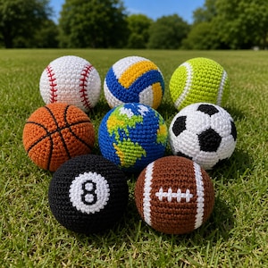 Puede incluir: Un conjunto de ocho pelotas tejidas a ganchillo que incluye una pelota de béisbol blanca con costuras rojas, un balón de voleibol azul y amarillo, una pelota de tenis verde neón, un balón de baloncesto naranja, un globo terráqueo, un balón de fútbol, una bola 8 y un balón de fútbol americano.