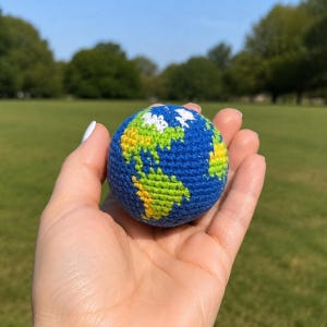 Pode incluir: Um globo terrestre esférico de crochê com fio azul para os oceanos e fio verde e amarelo para os continentes. Este item texturizado feito à mão exibe uma representação detalhada das massas terrestres com pontos de costura precisos.