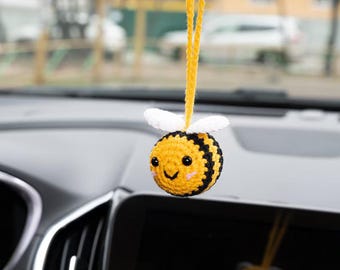 Handmade Crochet bee car hanging, cute crochet bee, amigurumi bee, car mirror charm, car decoration, new car gift, new driver gift