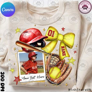 May include: A sublimation design featuring a softball player with a red helmet, a yellow bow with the number "01" on it, a baseball bat, a glove, and a softball. The design also includes a photo frame with a picture of a young girl in a softball uniform. The text "Your text Here" and "NAME" are also included in the design.