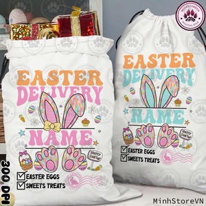 May include: White Easter gift bag with a bunny ear design and the text "Easter Delivery" and "Name". The bag has a pink and blue floral pattern and includes a checklist for "Easter Eggs" and "Sweets Treats".