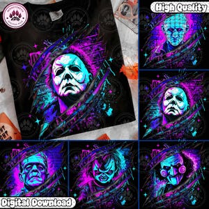 Horror Halloween Neon PNG Bundle, bunte Blumen Spooky Saison png, Retro Horrorfilm png, Charaktere Scary png, Instant Download