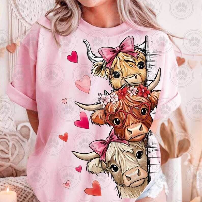 Puede incluir: Camiseta rosa con un dise&ntilde;o de tres vacas de las Tierras Altas apiladas. La vaca superior tiene un lazo rosa, la vaca del medio lleva gafas en forma de coraz&oacute;n y una corona de flores, y la vaca inferior tiene un lazo rosa. Corazones rojos y rosas dispersos.