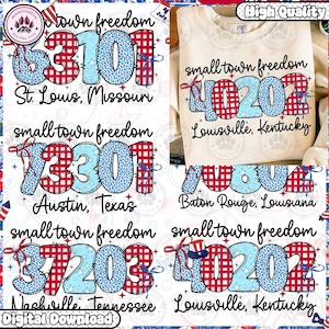 Puede incluir: Descarga digital con diseños con el texto "small town freedom" y nombres de ciudades como St. Louis y Austin. Los diseños incorporan códigos postales en patrones rojos y azules, con lazos y estrellas decorativas.