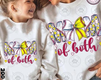 Softball Baseball Mom Shirt Design Png, Mom Of Both Baseball Softball Mama Png, Baseball Coquette, Softball Bow, Game Day, Instant Download
