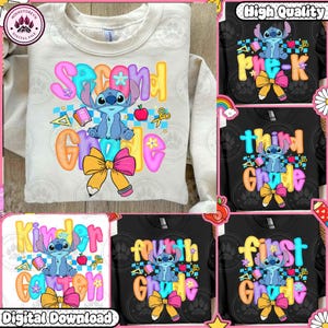 Preppy Pre-K To 4th Grade, Blue Alien Back To School PNG Bundle, Cartoon First Day Of School Design, Cartoon Pastel Bow, Instant Download