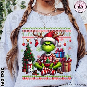 Mostro verde con maglione brutto in formato PNG, personaggio dei cartoni animati natalizi, ragazzo divertente e cattivo in formato PNG, clipart digitale del film di Buon Natale, download istantaneo