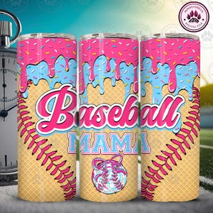 Youth Baseball Gift 20oz Skinny Tumbler Png, Mama Ice Cream Drip 20oz Tumbler Wrap Png, Team Gift Tumbler, Bottle Baseball, Instant Download
