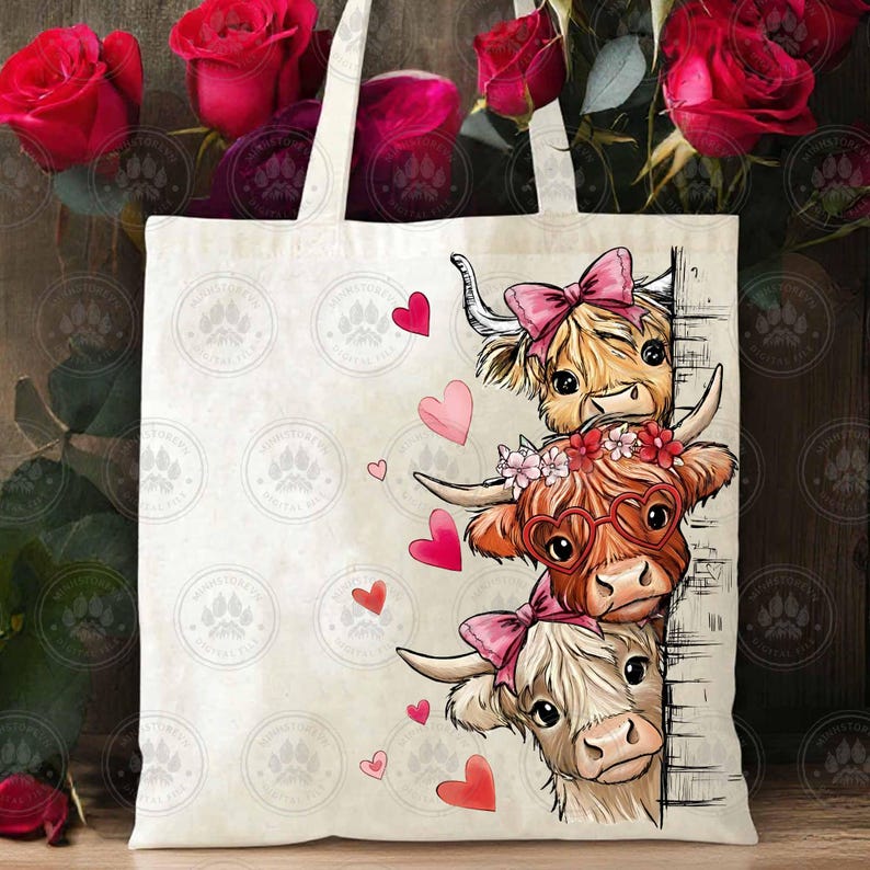 Puede incluir: Un bolso tote crema con una ilustraci&oacute;n de tres vacas de las Tierras Altas con lazos rosas y gafas en forma de coraz&oacute;n. El dise&ntilde;o incluye corazones rosas y rojos. Ideal para ir de compras o para el uso diario.
