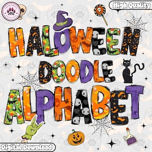 Doodle Alpha Bundle, Halloween Doodle Letters With Clip Art, Make Your Own Name, Halloween Clipart Alphabet Doodle Set PNG, Instant Download