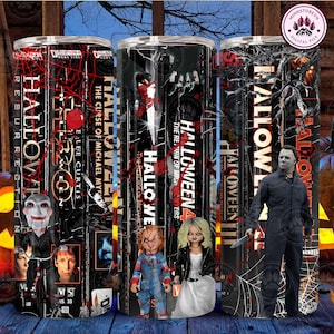 90s Retro Vintage Halloween Tumbler Wrap, Horror Halloween Characters 20oz Skinny Tumbler PNG, VHS Movie Tumbler Design, Instant Download