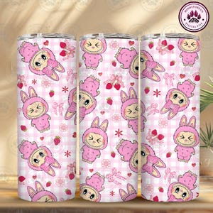 Pink Doll Cartoon 20oz Skinny Tumbler Wrap Png, Cartoon 20oz Tumbler Wrap, Perfect Gift for Kids Png, Checkered Cartoon, Instant Download