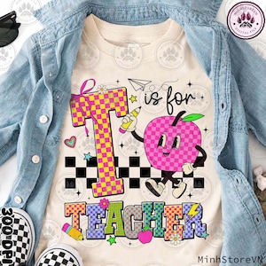 Back to School Png, First Day School Png, Checkered T Is For Teacher Png, Retro Teacher Png, Teach Love Inspire Png Shirt, Instant Download
