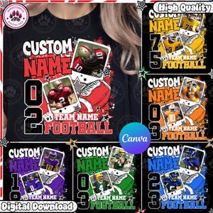 May include: Black t-shirt with a customizable football design. The design includes the text "CUSTOM NAME" and "TEAM NAME FOOTBALL", along with player photos and footballs. The design is available in multiple color schemes.