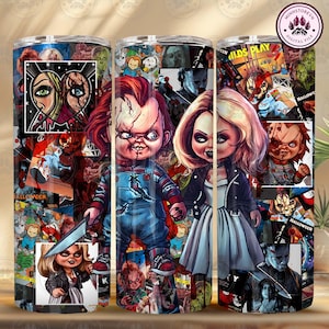 Gobelet 20 oz horreur dessin animé, couple personnage horreur Halloween gobelet Wrap Png, gobelet skinny horreur Halloween 20 oz Png, téléchargement immédiat