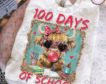 Feliz 100 días de clases PNG, ¡Vaya! 100 días de clases PNG, Vaca de las Tierras Altas PNG, Vida docente, Amantes de las vacas, Descarga instantánea