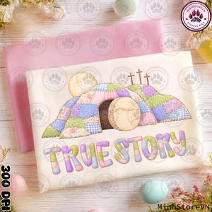 Puede incluir: Un archivo digital con una colorida ilustración de una tumba vacía con una gran piedra y tres cruces. El texto "TRUE STORY" está escrito en colores pastel. El diseño está sobre un fondo crema.