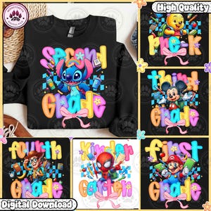 Cartoon First Day Of School Design, Cartoon Characters Back To School PNG Bundle, Preppy Pre-K To 4th Grade, Cute School, Instant Download