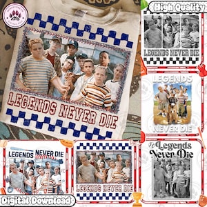 May include: A beige sweatshirt featuring a movie poster design with the text "LEGENDS NEVER DIE." The design includes a group of boys in baseball attire. The design is framed with a blue and white checkered pattern.