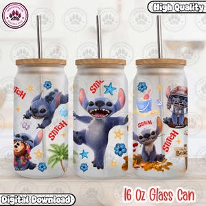 Cartoon 16 oz Glass Can Png, Blue Monster Character 16oz Glass Can Wrap, 16 oz Libbey Glass Can Wrap, Cartoon  Wrap Png, Instant Download
