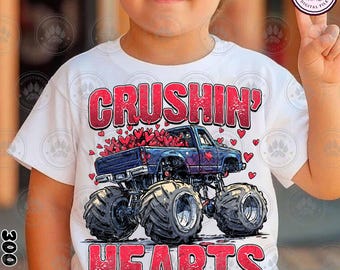 Camión monstruo de San Valentín para niño (PNG), diseño de camiseta de San Valentín para niños pequeños con corazones aplastantes, sublimación de San Valentín desgastado para niños, descarga instantánea