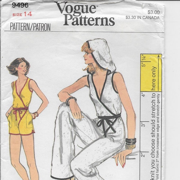 Motif vintage Vogue 9496 Combinaison cache-cœur ou barboteuse en tricot taille 14 Coupe buste complet 36 pouces sans manches avec garniture en biais avec capuche