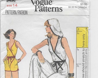 Vintage Vogue Pattern 9496 Misses Knit Wrap Jumpsuit or Romper Pattern Size 14 Cut Complete Bust 36 Inches Sleeveless Bias Trim Hood Option