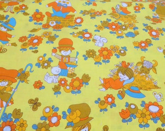 Vintage Nursery Rhyme Characters Print Fabric 1 Yd x 44 Inches Humpty Dumpty Jack and Jill Mary Had A Little Lamb Childrens Fabric
