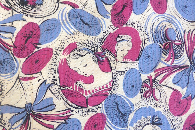 Vintage Seersucker Plisse Fabric Victorian 1900 Motif Victorian Young Women Journals Knitting Wide Brim Hat Print 2 23 Yds x 32 Inches