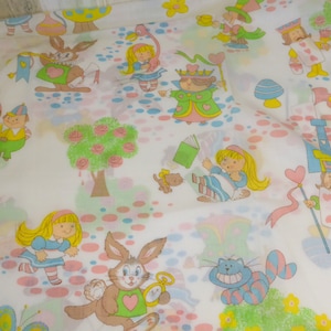 Vintage Young Alice In Wonderland Vintage Fabric 1 Yard 21 Inches x 44 Inches Wide Cheshire Cat Twiddle Dee Queen of Hearts Fairy Tale Print