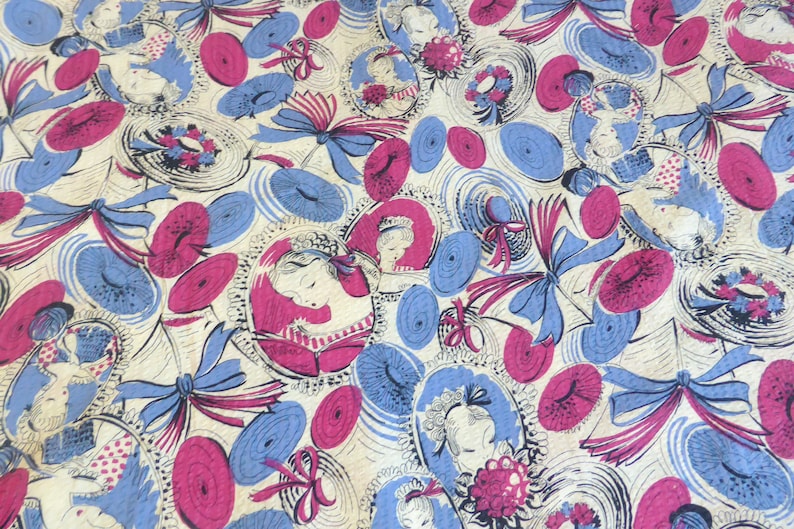 Vintage Seersucker Plisse Fabric Victorian 1900 Motif Victorian Young Women Journals Knitting Wide Brim Hat Print 2 23 Yds x 32 Inches