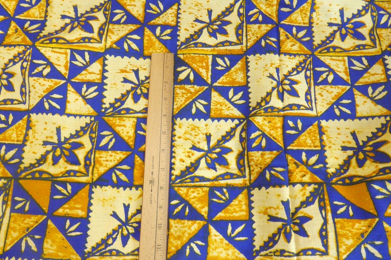 THC Hawaiian Textiles #1556 Yellow Gold PurpleBlue Tapa Polynesian Print Luau Bark Like Cloth 1 yard and 30 inches x 44 Inches
