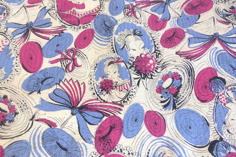 Vintage Seersucker Plisse Fabric Victorian 1900 Motif Victorian Young Women Journals Knitting Wide Brim Hat Print 2 23 Yds x 32 Inches