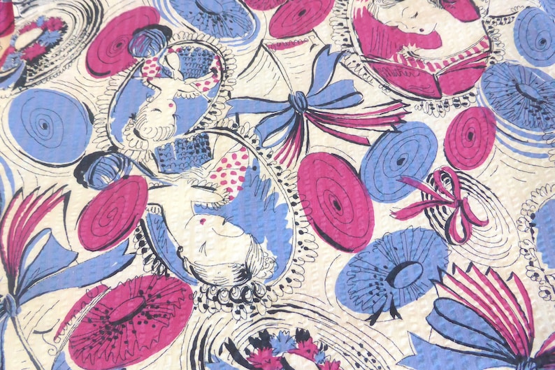 Vintage Seersucker Plisse Fabric Victorian 1900 Motif Victorian Young Women Journals Knitting Wide Brim Hat Print 2 23 Yds x 32 Inches