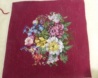Vintage Floral Burgundy  Stitched Needlepoint Canvas Unframed Cottagecore Grannycore Grandmillenial Decor Repurpose Tote Pillowtop Textile