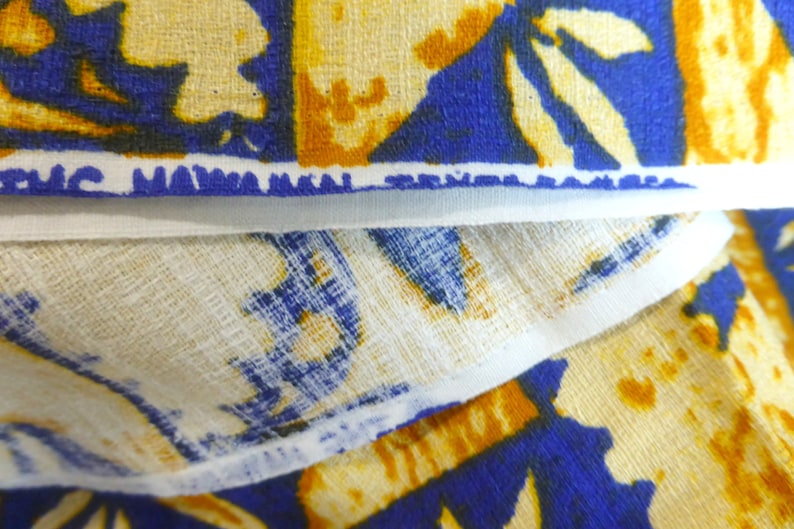 THC Hawaiian Textiles #1556 Yellow Gold PurpleBlue Tapa Polynesian Print Luau Bark Like Cloth 1 yard and 30 inches x 44 Inches
