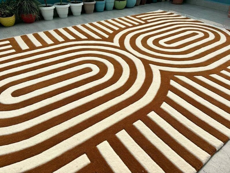 Brown and White Graphic Design Area Rug - Brown Oval & Line Pattern ...