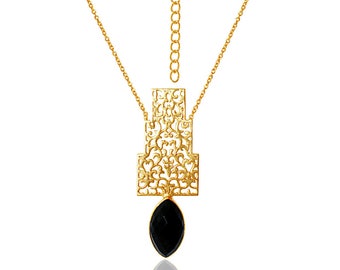 Black onyx necklace- 18K Gold filled bezel necklace gold necklace-Layering Necklace Filigree  Turkish jewelry haute couture designer AHAAVI