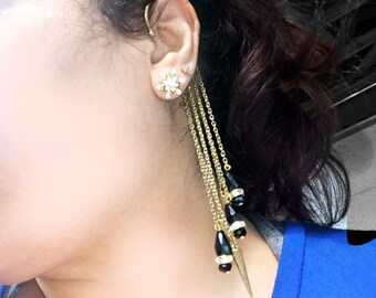 Bohemian ear cuff-Spike EAR Cuff-Gold Black Ear Jackets-Ear climbers-Boho-chic earring,minimalist,modern earrings,Long ear cuffs