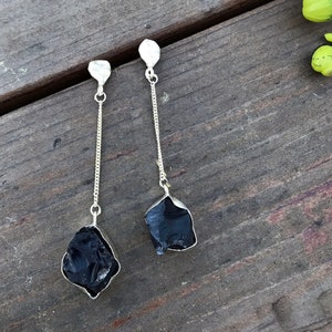Black Onyx Dangle Earrings: Silver Plated Bezel Set, Modern Jewelry