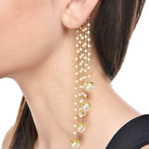 Bohemian ear cuff-Pearl EAR Cuff-Pearl Gold Ear Jackets-Ear climbers-Coachella beaded dangle Long ear cuffs