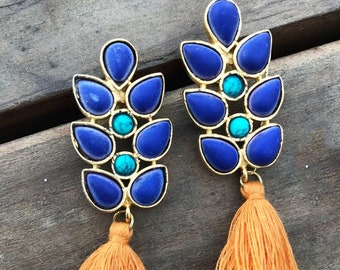 Lapis earrings-Blue & Orange Tassel earrings-Chandelier Earrings-ethnic Jewelry -Branch earrings-Minimalist tassel earring