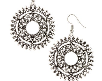 DÉGAGEMENT VENTE Boucles d’oreilles Silver Mandala, Bijoux Tribal Silver Boho, Cerceaux d’argent en filigrane de henné, Boho, Bijoux ethniques, boucles d’oreilles pendantes