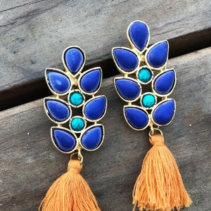 Lapisohrringe-blau & Orange Quaste Ohrringe-Kronleuchter Ohrringe-ethnischen Schmuck-Zweig Ohrringe-minimalistische Quaste Ohrring