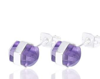 Boucles d'oreilles Amethyst Stud-Or 18K filled-Argent-or rose - Moderne Géométrique-violet Minimaliste-Designer-Février pierre de naissance AHAAVI