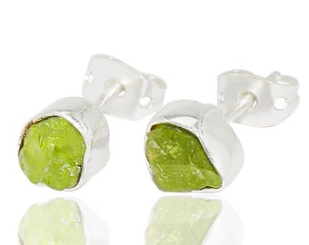 Raw Peridot earrings -gemstone Studs-Posts-August Birthstone-Minimalist-Silver-18K Gold filled-Designer jewelry-bezel set-Modern -AHAAVI