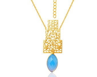 Collier en or Filigree- Bijoux d’inspiration turque- bleu chalcédonie et vermeil or 22K - collier de pierres précieuses de concepteur de haute couture AHAAVI